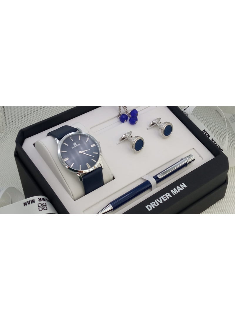 A wonderful stainless steel men's set consisting of a watch, a rosary, a pen and cufflinks half steel